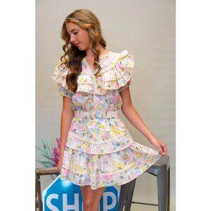 Ultramarine Floral Tiered Mini Dress Cotton Ruffle Elastic Waist Size L